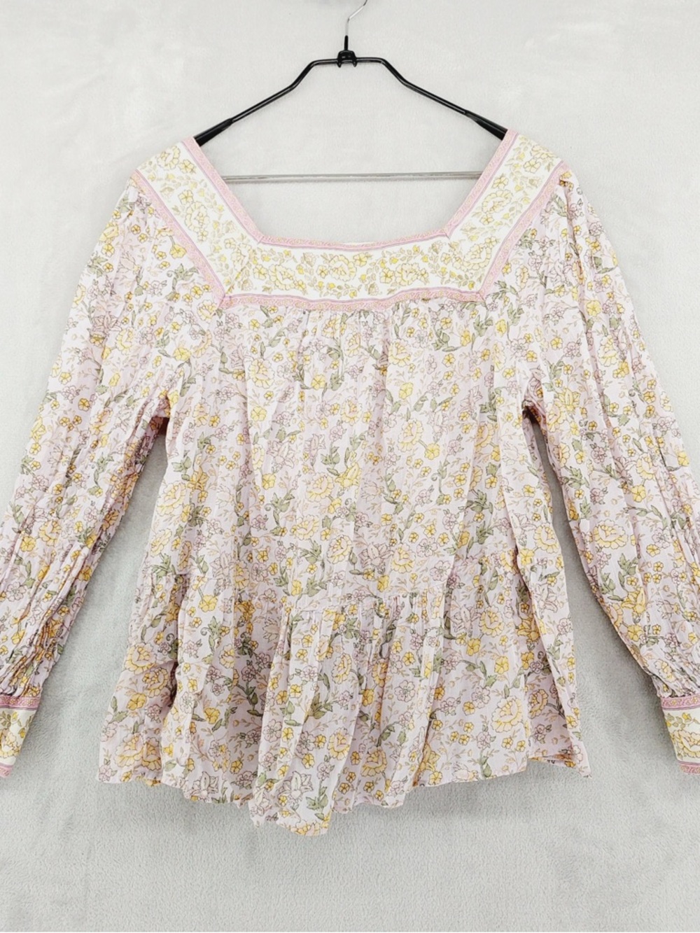 American Eagle Blouse Women Medium Pink Cotton Floral Square Neck Peplum P4045